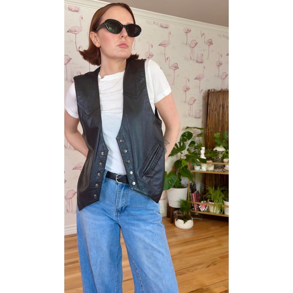 Men's Vintage Western Frontier Snap Up Black Leather Vest Size M